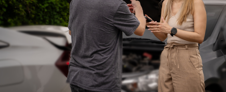 Man and woman discussing their details after a car accident in Los Angeles.